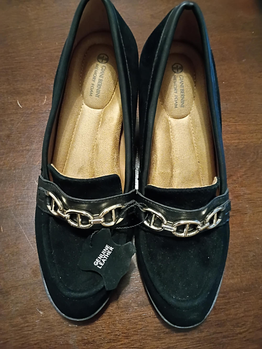 Giani Bernini Black Suede Loafers with Gold Chain Trim Size 6.5